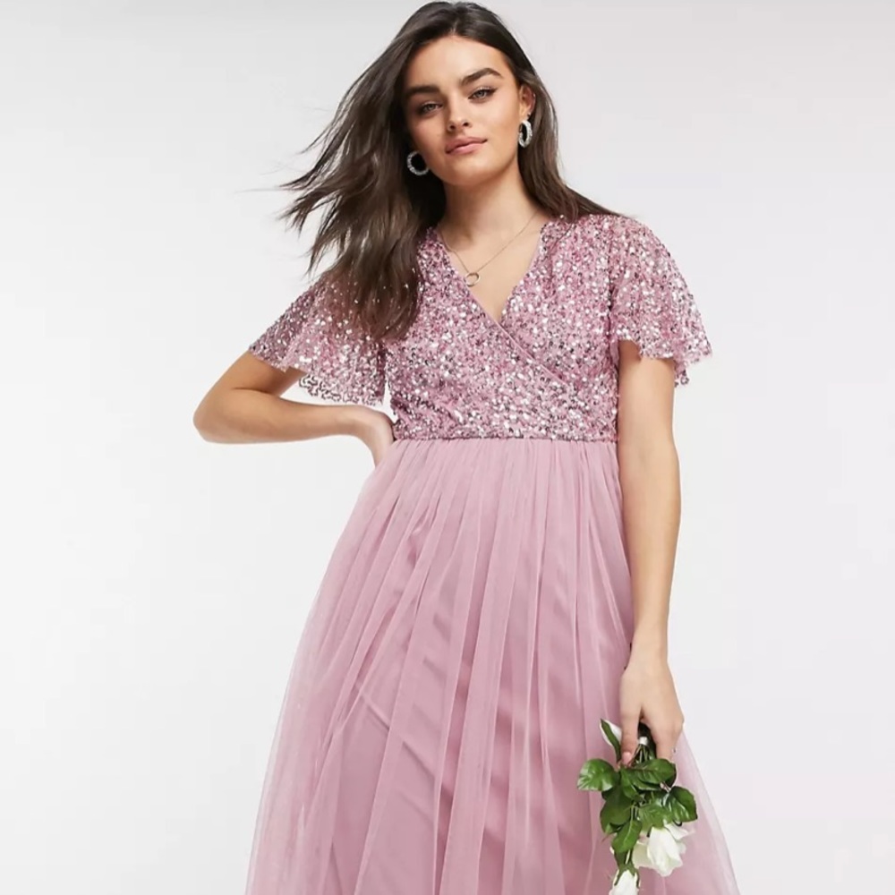 Maya wrap front sequin midi dress w/ tulle skirt